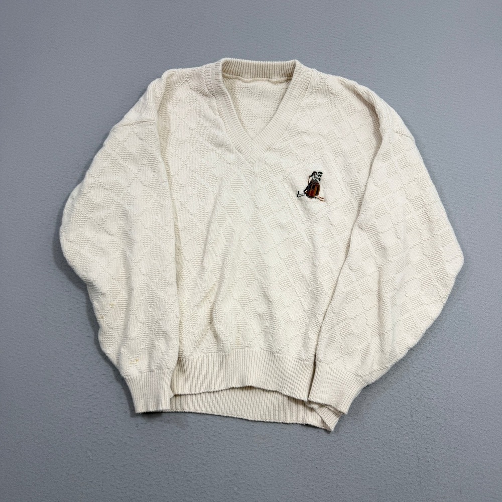 Vintage Golf Cricket Sweater Men's XL Cream Golfing Bag V-Neck Textured Knit 90s